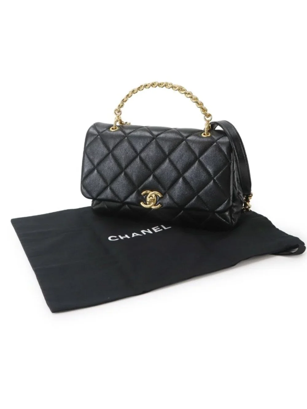 Chanel Quilted 2-Way Bag Leather Black Gold Bag